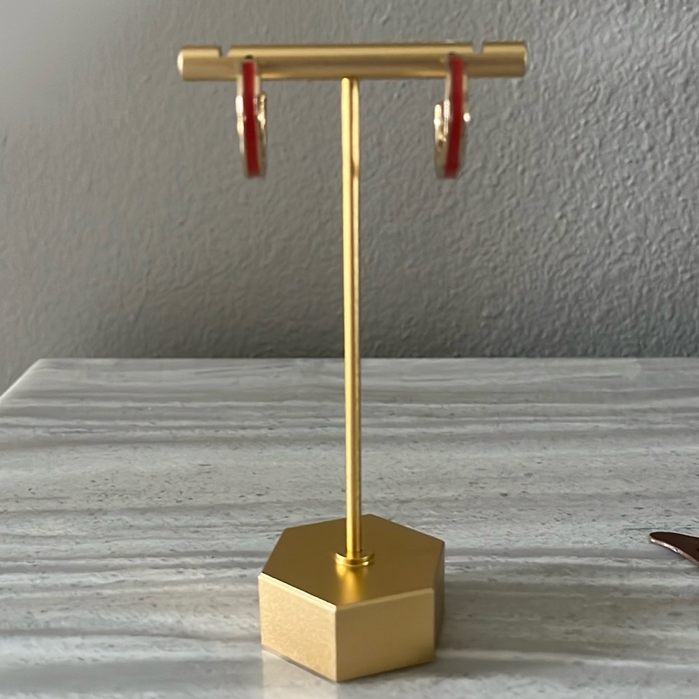 Gold Tone Hoop Earrings with Red/Orange Enamel